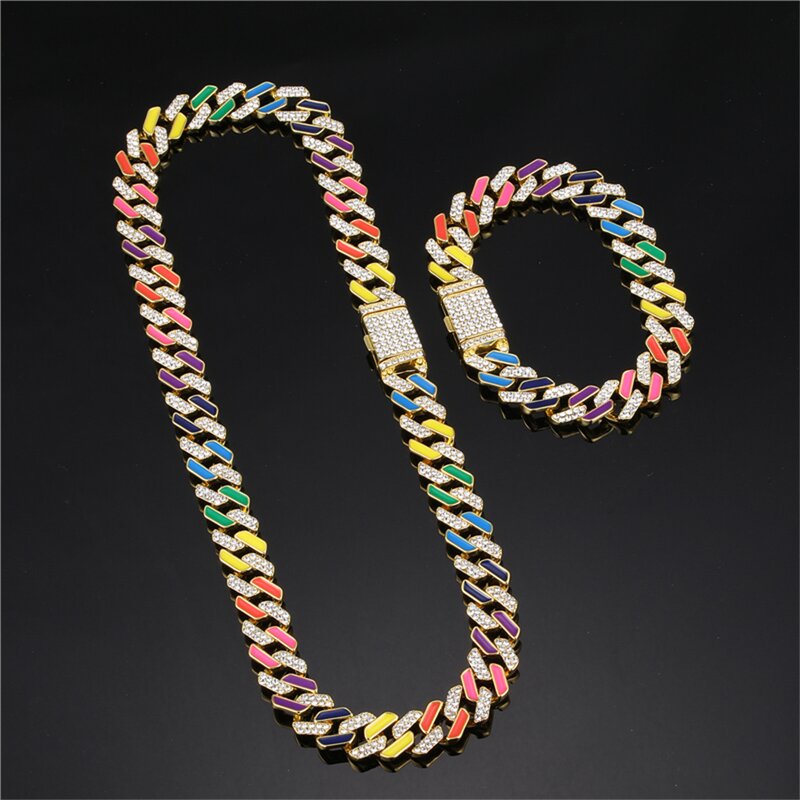 Hip Hop Cuban Chain Set Manufacturer - 12mm Prong Alloy Iced Out Crystal