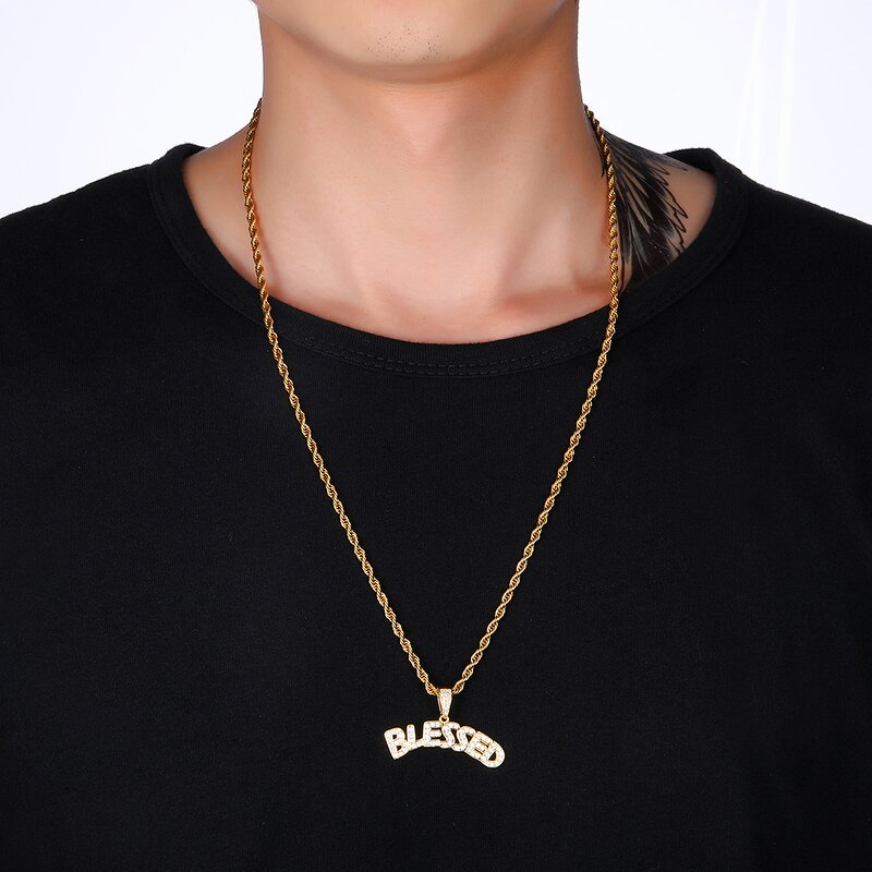 Brass BLESSED Letters Pendant Manufacturer - Iced Out Bubble Necklace for Men