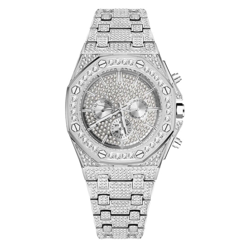 Iced Out CZ Crystal Watch Factory - Stainless Steel Diamond Bezel White Gold