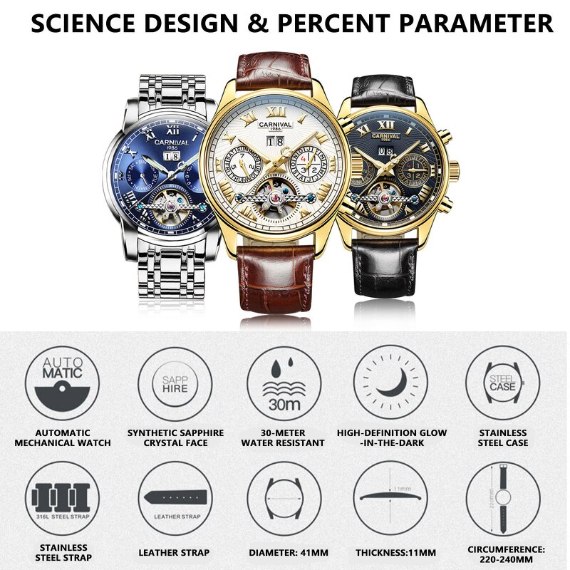 Skeleton Mechanical Watch Manufacturer - Carnival Men's Luxury 5 Hands 12/24 Hour
