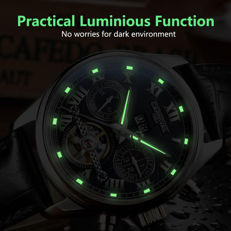 Skeleton Mechanical Watch Manufacturer - Carnival Men's Luxury 5 Hands 12/24 Hour