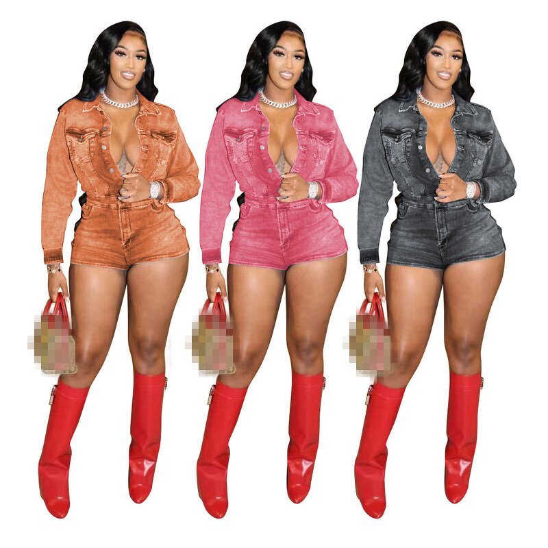 Denim Playsuit Factory - Women Elastic Lapel Single-Breasted Shorts