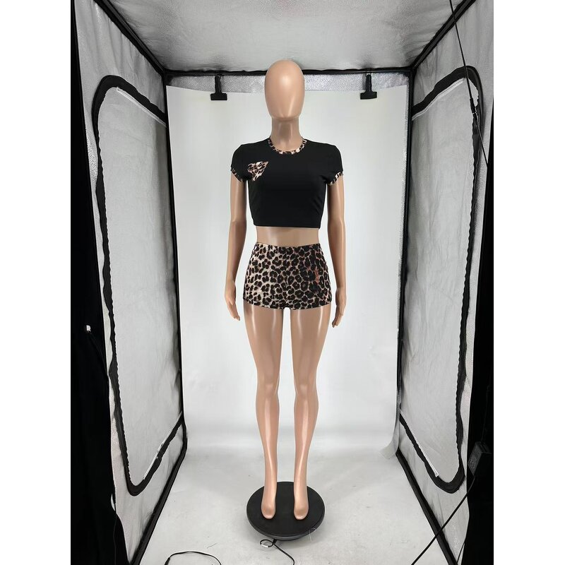 Two Piece Outfits Factory - Women Leopard Print Crop Tops Shorts