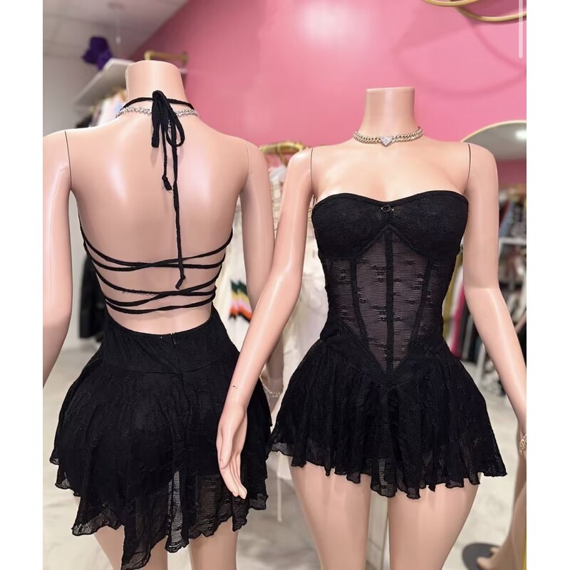 Mini Dress Women Factory - Lace Mesh Spaghetti Strap Backless