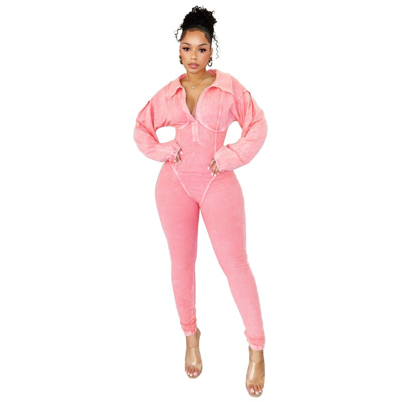 Jumpsuit Manufacturer - Women Washed Distressed Ribbed Long Sleeve