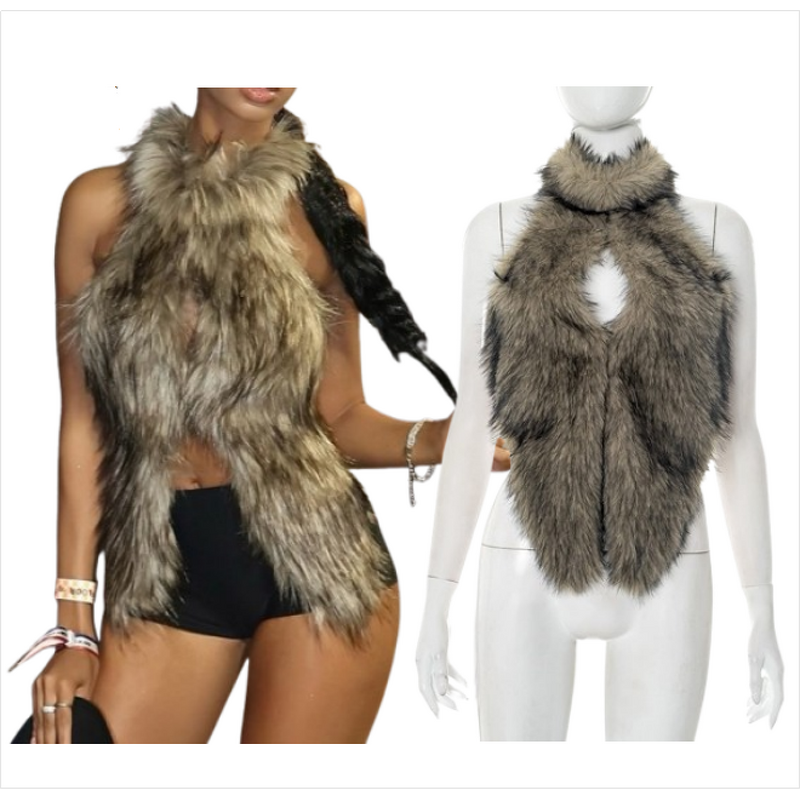 Tank Tops Women Factory - Furry Halter Backless Bandage Clubwear