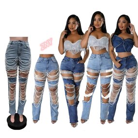 Jeans Women Manufacturer - Plus Size Diagonal Buckle Distressed