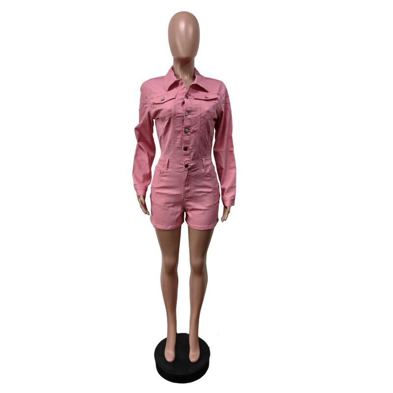 Denim Playsuit Factory - Women Elastic Lapel Single-Breasted Shorts