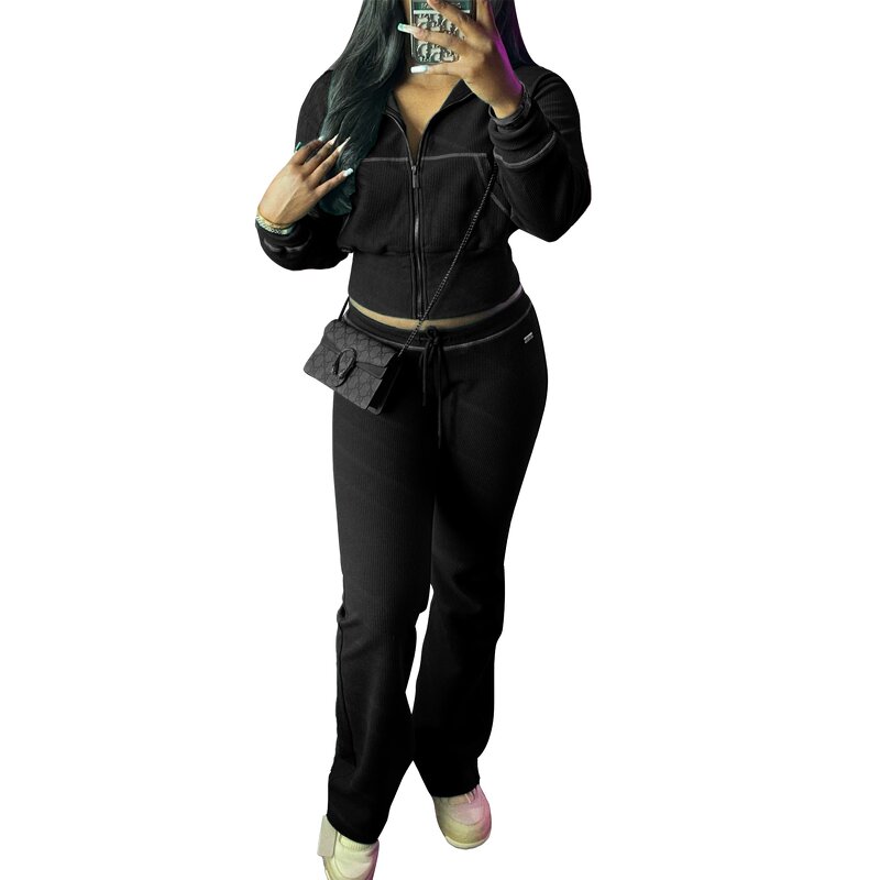 Sportswear Set Factory - Custom Logo Waffle Zip up Hoodie Pants