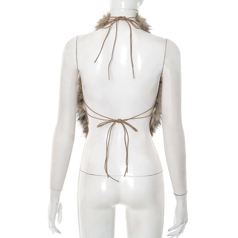 Tank Tops Women Factory - Furry Halter Backless Bandage Clubwear