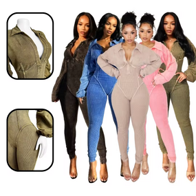 Jumpsuit Manufacturer - Women Washed Distressed Ribbed Long Sleeve
