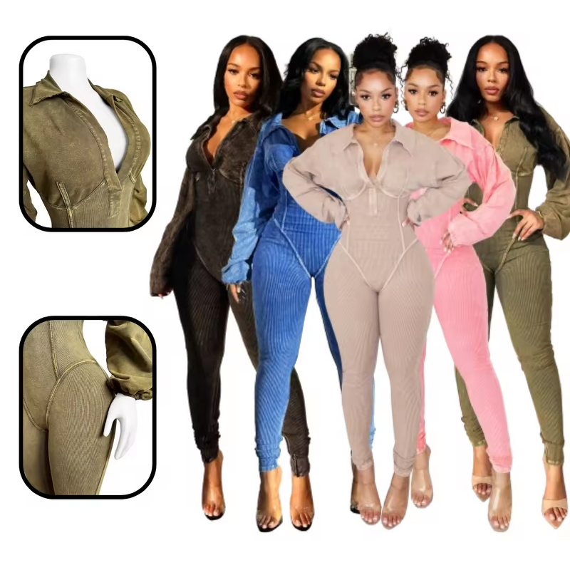 Jumpsuit Manufacturer - Women Washed Distressed Ribbed Long Sleeve