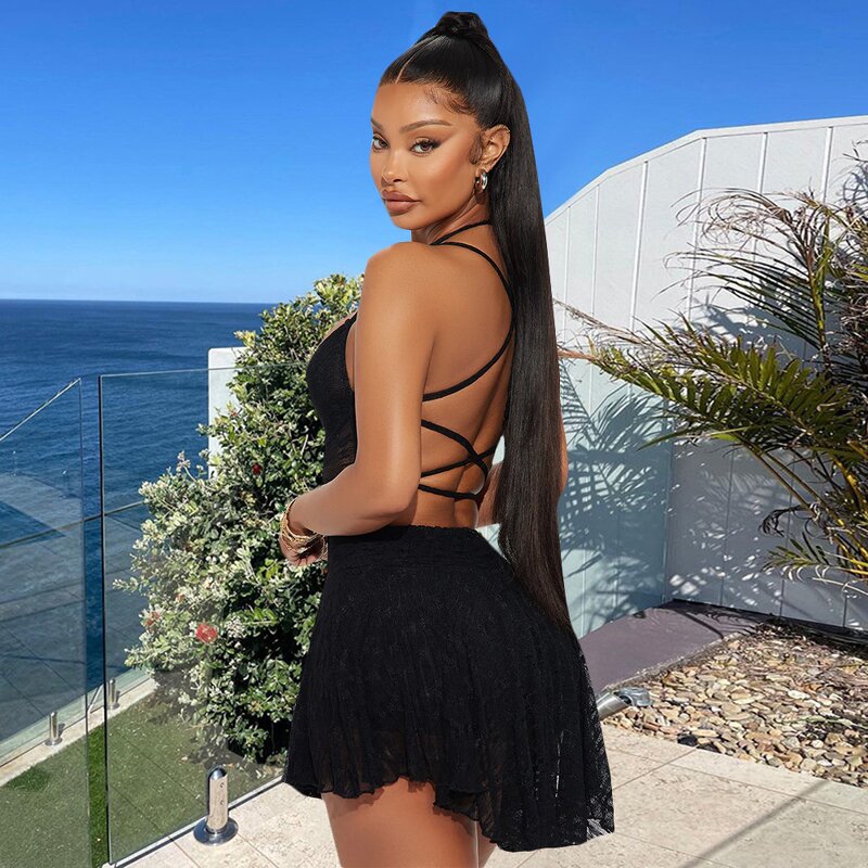 Mini Dress Women Factory - Lace Mesh Spaghetti Strap Backless