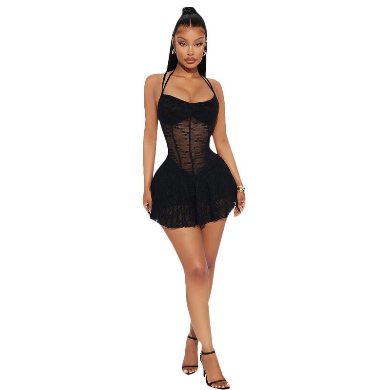 Mini Dress Women Factory - Lace Mesh Spaghetti Strap Backless