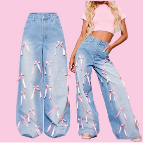 Denim Pants Women Factory - 2025 Fall Winter Feathers Decoration Wide