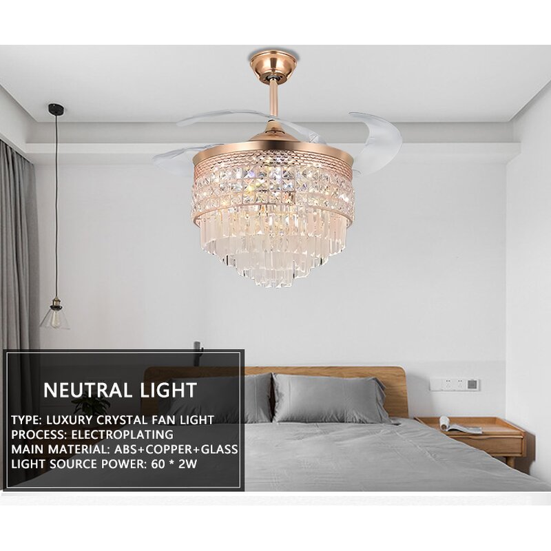 LED Ceiling Fan Factory - 42 48 Inch Luxury Crystal Electroplating Remote