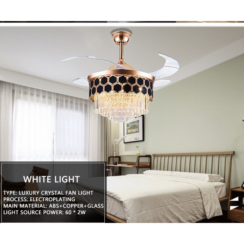 Ceiling Fan with Light Factory - Decorative Shade Retractable Blades LED