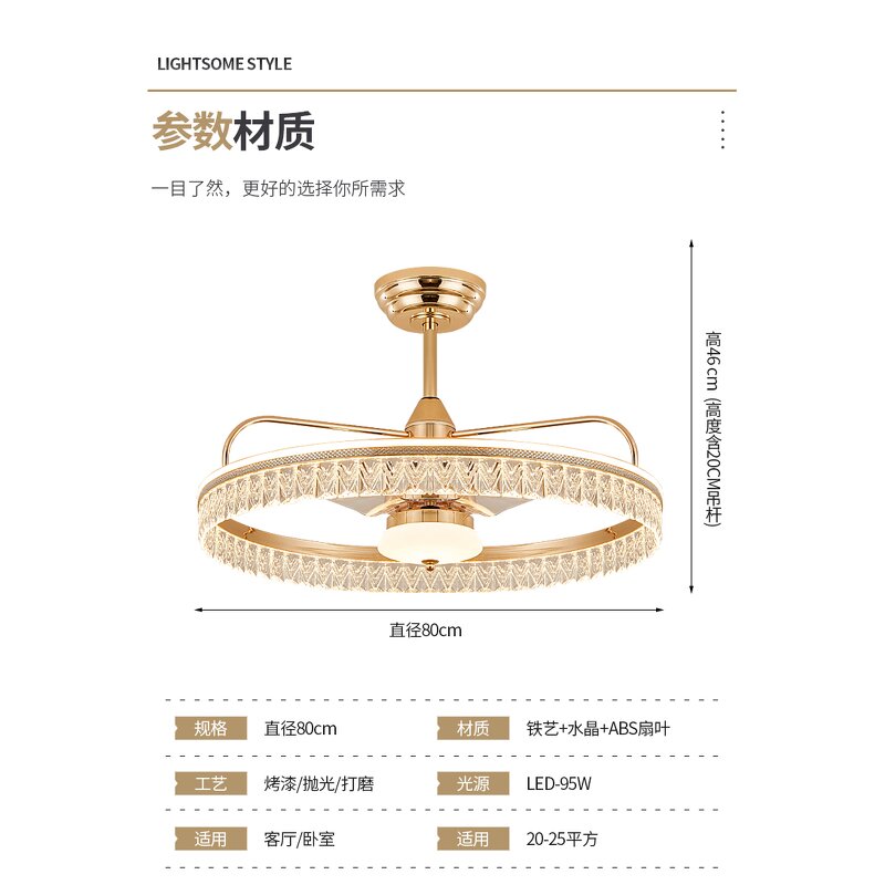 LED Ceiling Fan Light Factory - Luxury Gold Pendant Crystal Hanging Remote