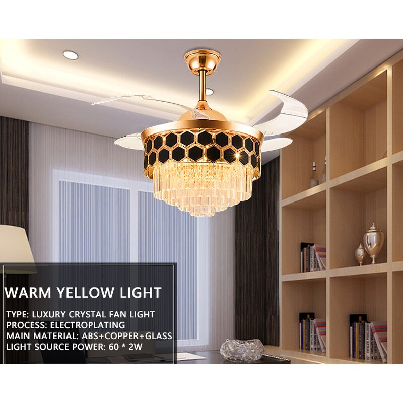 Ceiling Fan with Light Factory - Decorative Shade Retractable Blades LED