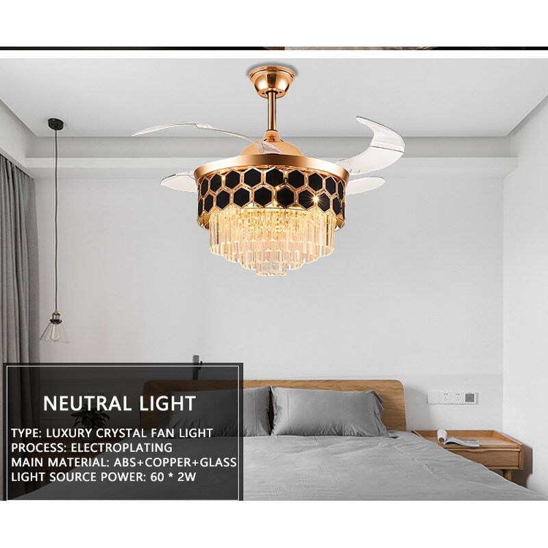 Ceiling Fan with Light Factory - Decorative Shade Retractable Blades LED