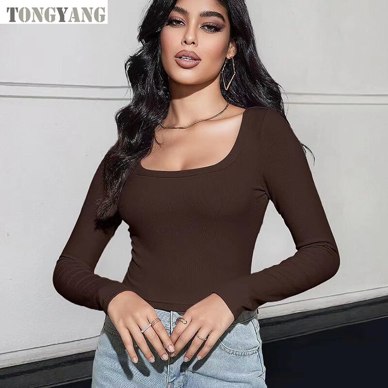 Rib T-Shirt Factory - OEM Long Sleeve Slim Fit Square Neck