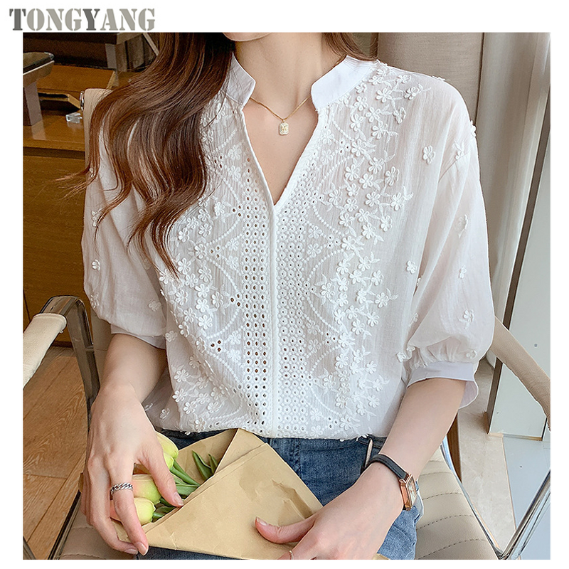 Women's Shirt Factory - OEM Summer Retro V-neck Embroidered