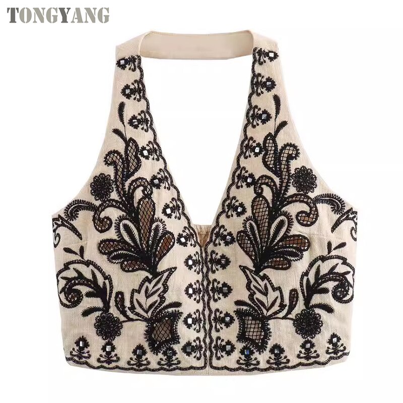 Tank Top Factory - OEM 2024 Summer Embroidery Halter Neck