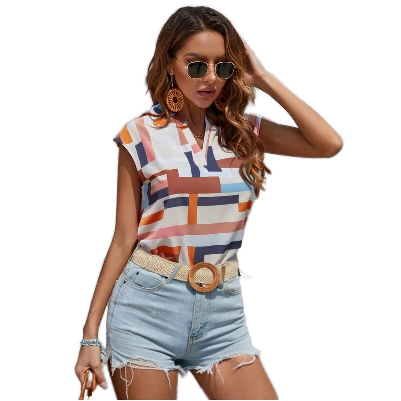 Women's Top Factory - OEM Summer Geographic Printed V-Neck