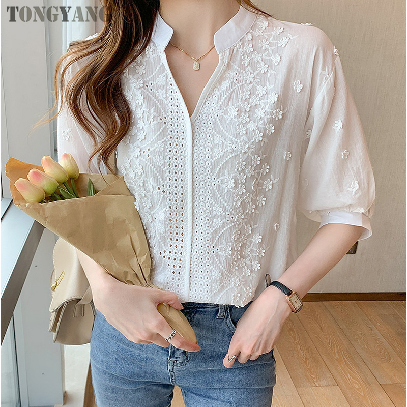 Women's Shirt Factory - OEM Summer Retro V-neck Embroidered