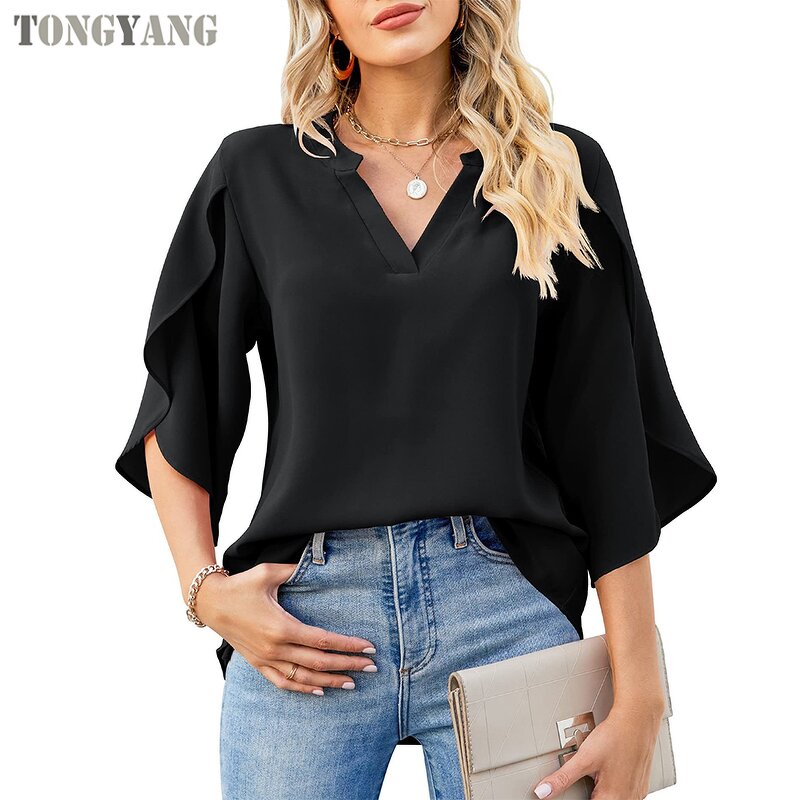 Chiffon Shirt Factory - OEM Summer Petal Sleeve Loose V-neck