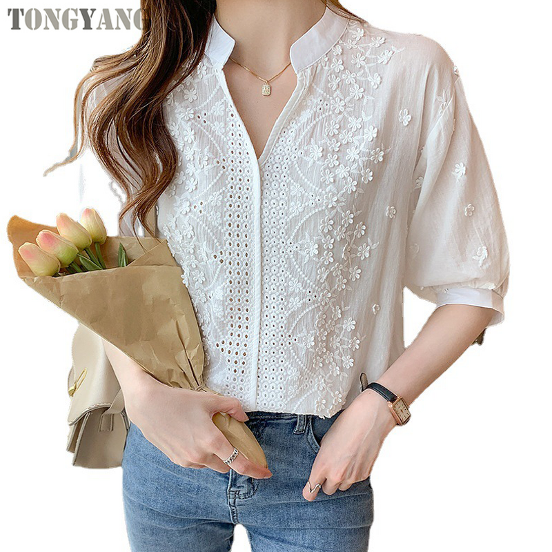 Women's Shirt Factory - OEM Summer Retro V-neck Embroidered