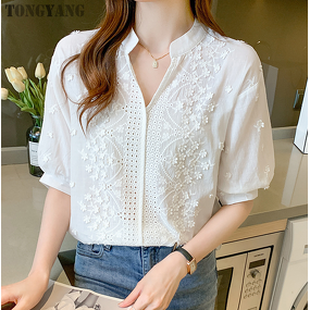 Women's Shirt Factory - OEM Summer Retro V-neck Embroidered