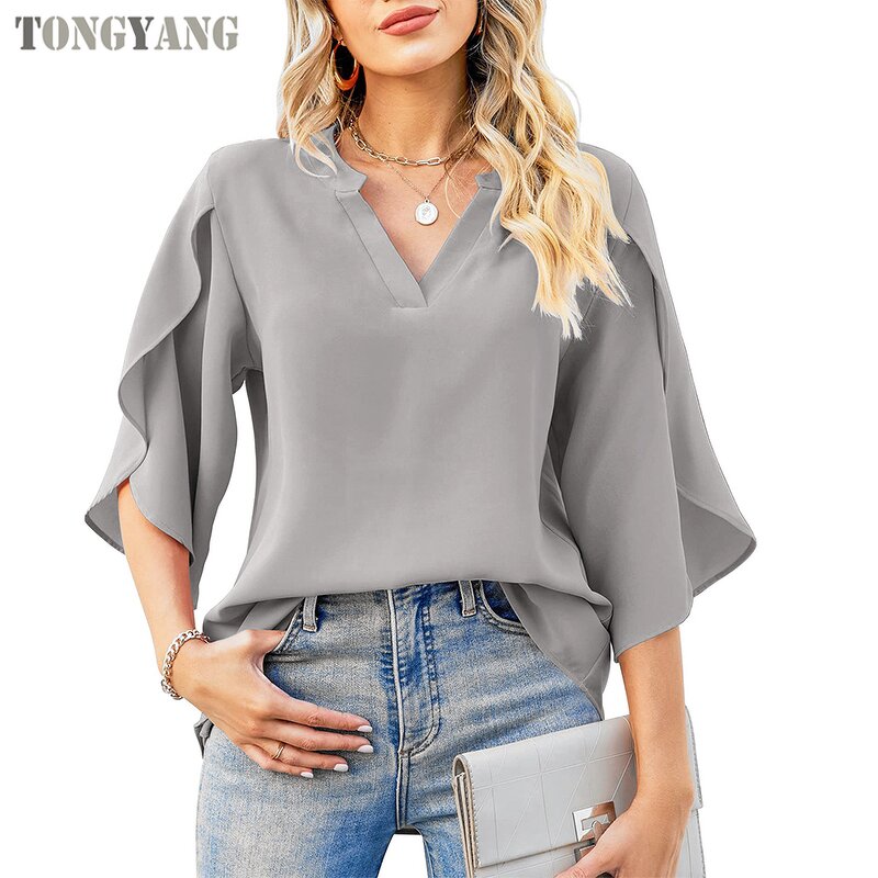 Chiffon Shirt Factory - OEM Summer Petal Sleeve Loose V-neck