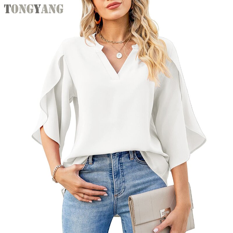 Chiffon Shirt Factory - OEM Summer Petal Sleeve Loose V-neck