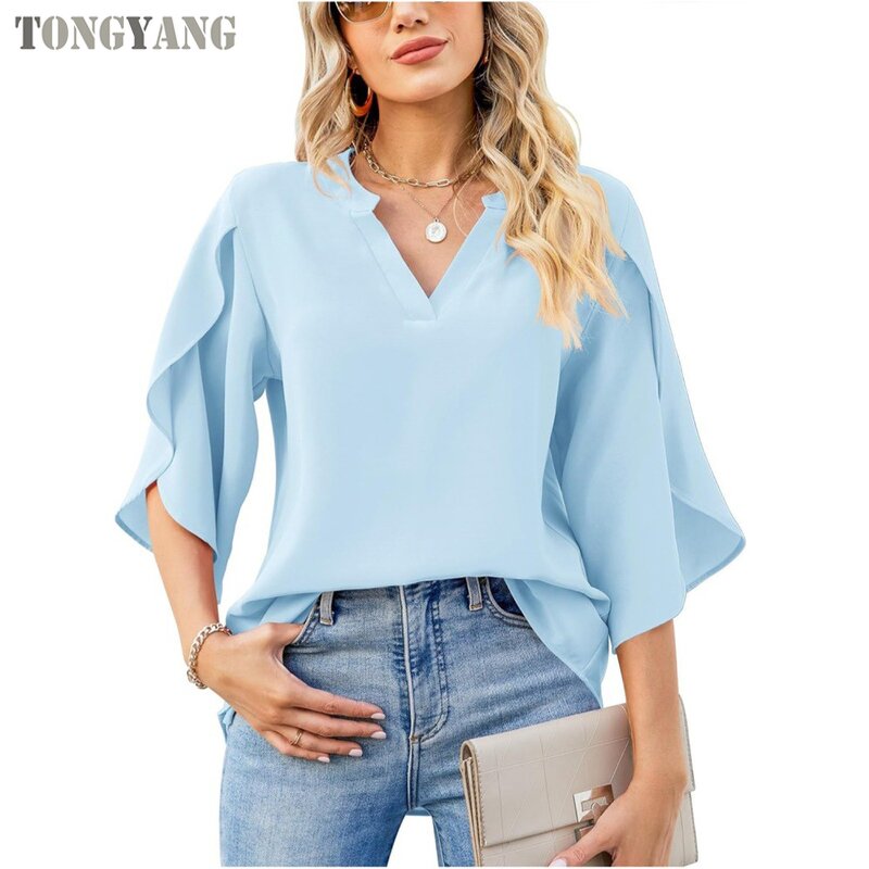 Chiffon Shirt Factory - OEM Summer Petal Sleeve Loose V-neck