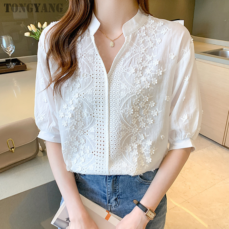 Women's Shirt Factory - OEM Summer Retro V-neck Embroidered