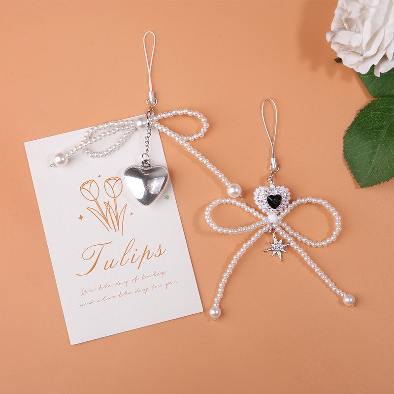 Keychain Supplier - Resin Rhinestone Love Heart Bead Bow Keychain