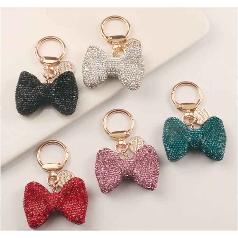 Keychain Supplier - Rhinestone Bow Car Keychain Gold Spring Ring