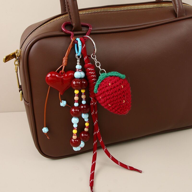 Keychain Manufacturer - Hand-Knitted Strawberry Heart Bead Pendant