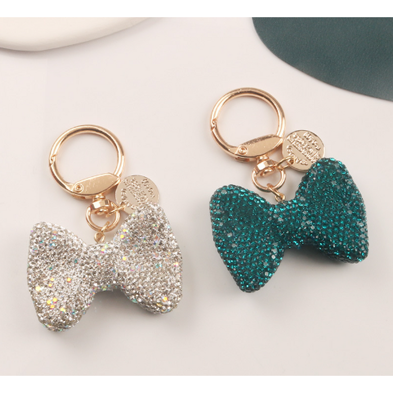Keychain Supplier - Rhinestone Bow Car Keychain Gold Spring Ring