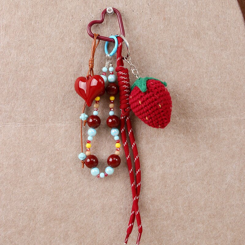 Keychain Manufacturer - Hand-Knitted Strawberry Heart Bead Pendant