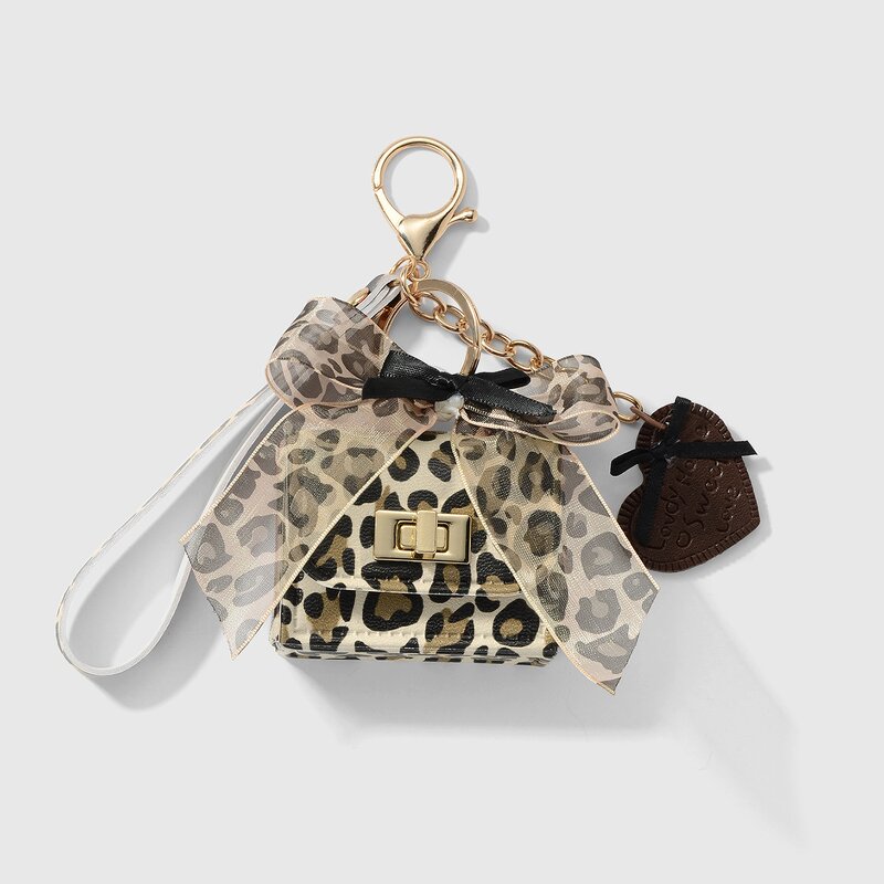 Keychain Factory - Leather Leopard Print Pearl Bow Heart Keychain