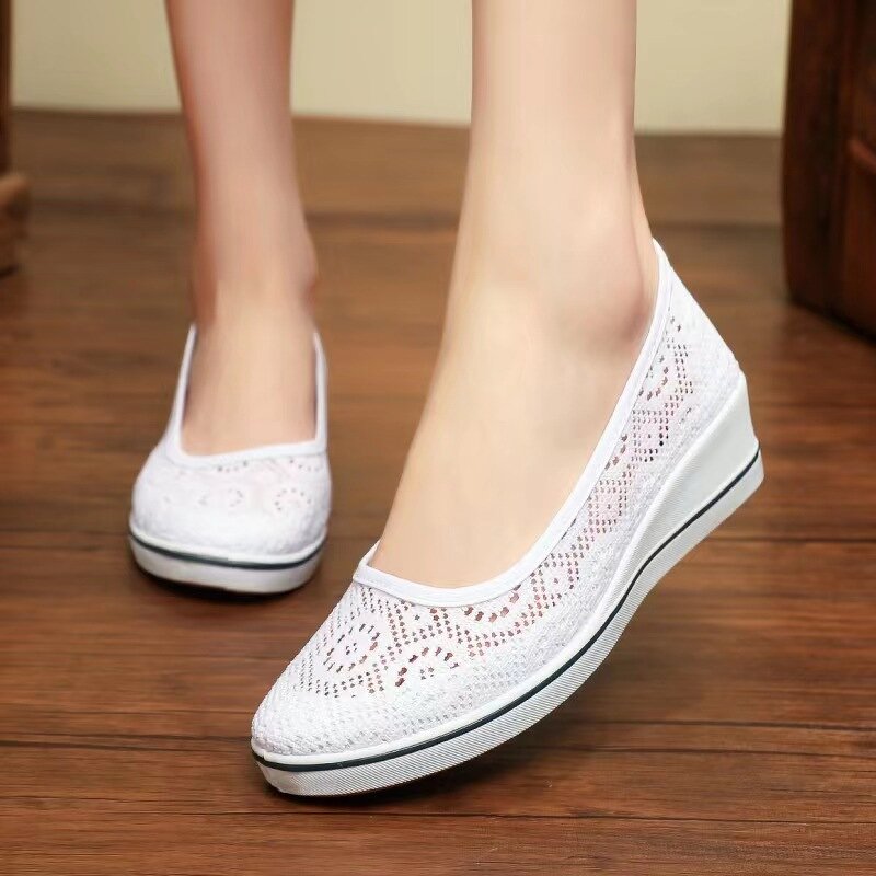 Nurse Shoes Manufacturer - Women's White Beef Tendon Sole Wedge Heel