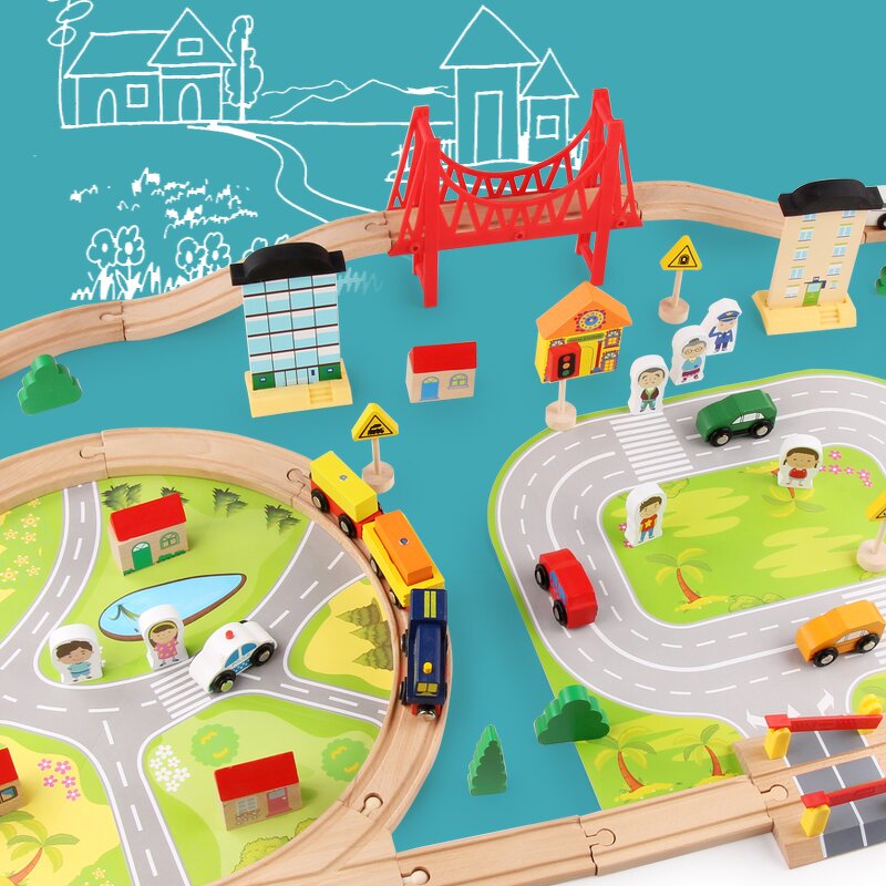 Train Set Factory - OEM 82PCS Beech Wood with Cars