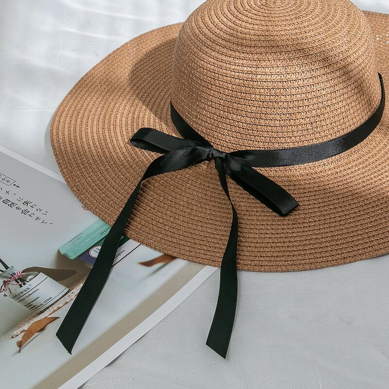 Straw Hat Factory - Elegant Wide Brim Sunscreen Bow Beach Hat
