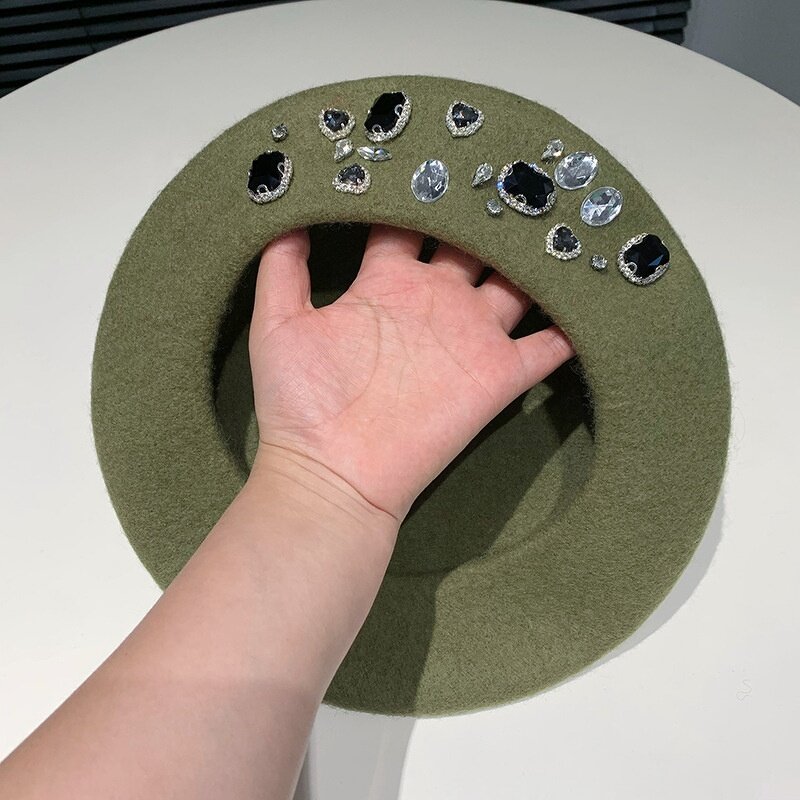 Korean Beret Factory - Rhinestone Fashion Navy Blue Pink Cap