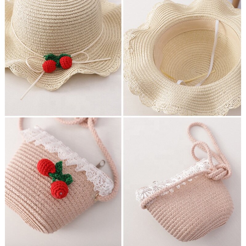 Straw Hat Set Manufacturer - Beach Bucket Cherry Bag Children Sun Hat