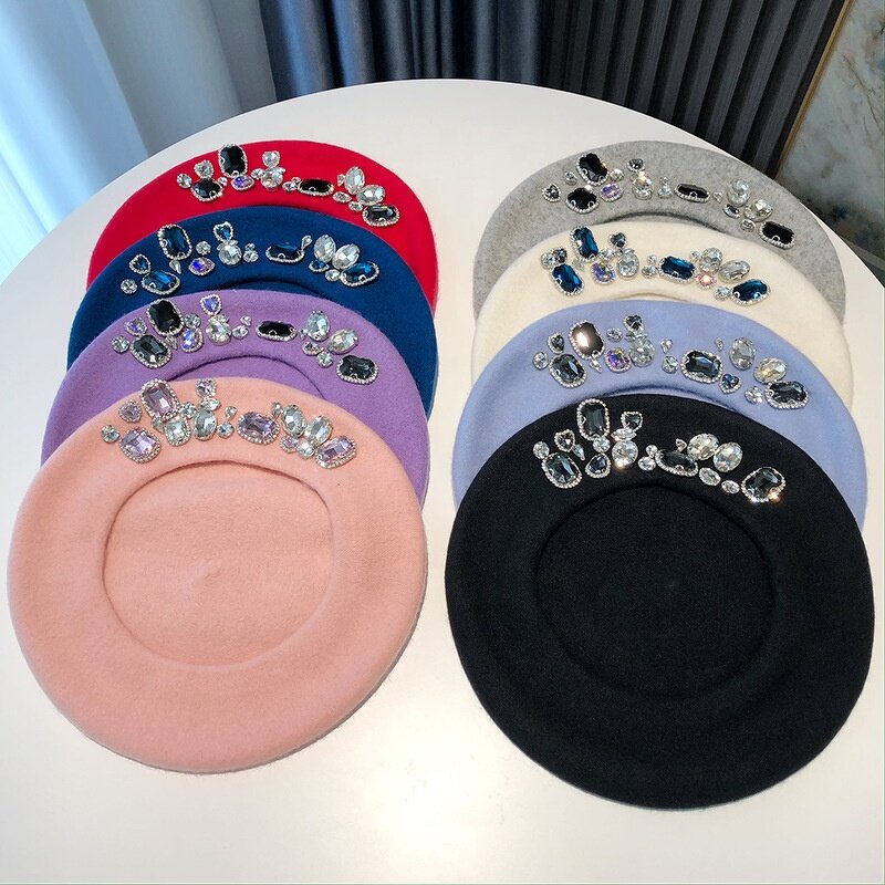 Korean Beret Factory - Rhinestone Fashion Navy Blue Pink Cap
