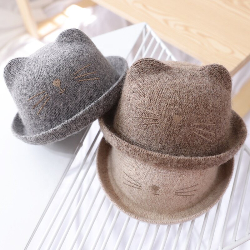 Bowler Hat Factory - Cute Derby Cat Ear Wool Roll-up Brim Hat
