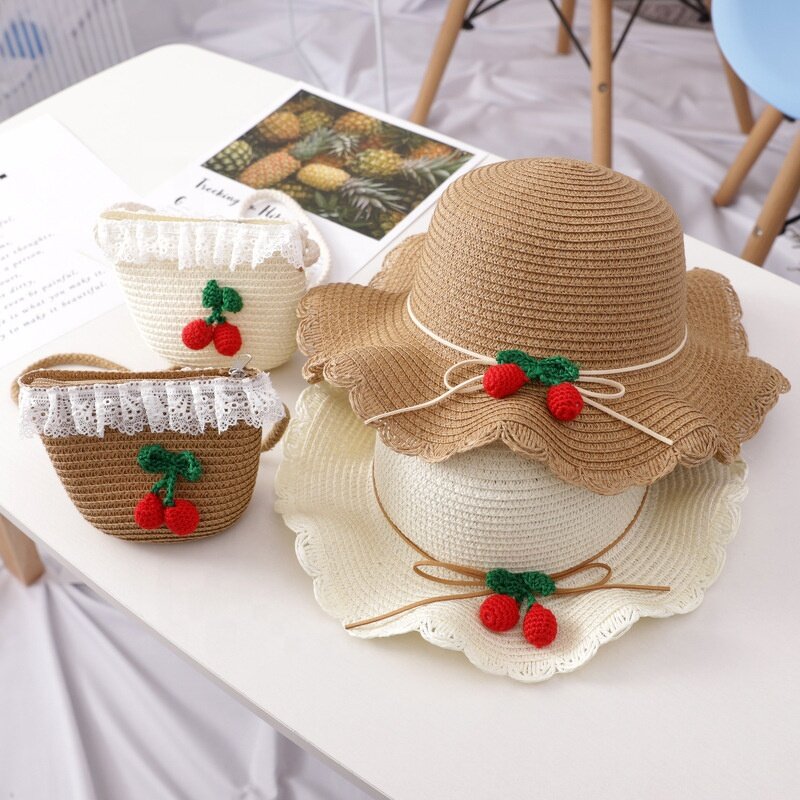 Straw Hat Set Manufacturer - Beach Bucket Cherry Bag Children Sun Hat